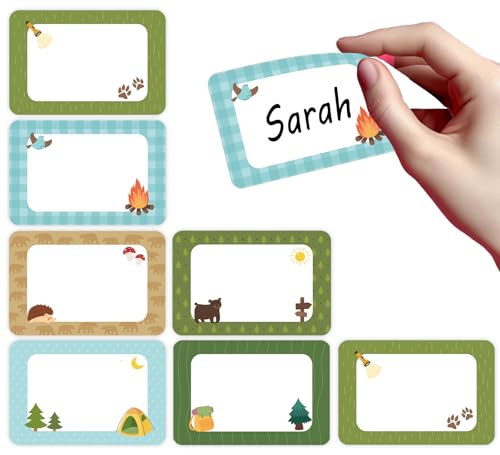 Whaline 180Pcs Camping Name Tag Stickers Self-Adhesive Nameplate Decal Camper Tent Woodland Forest Blank Name Label for Back to School Classroom Bulletin Board Desk Wall Decor