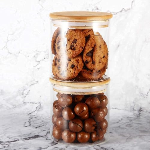 Image of 650ML Glass Food Storage Jars Containers, Set of 2 Storage Jar with Airtight Bamboo Lids Kitchen Canisters For Coffee, Flour, Sugar, Candy, Cookie, Spice (Round 650 ML, Set of 2)
