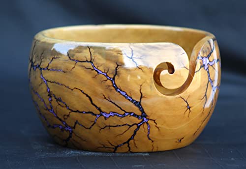 Image of Lichtenberg Figure Yarn Bowl - Handmade Wooden Yarn Bowl for Knitting Yarn Ball Holder - Yarn Bowls with Holes Crochet Bowl Holder - Yarn Storage Bowl 7 inch x 4 inch inches (Sky-Blue-A)