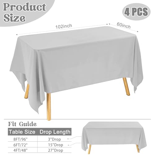 Image of 4 Pack Rectangle Tablecloth for 6 Foot Tables Washable Polyester Table Cover for Wedding Dining Table Parties Banquet(60x102 Grey)