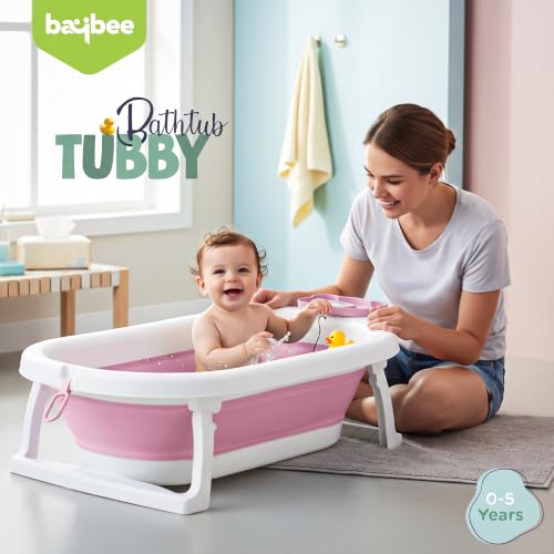 Image of Baybee Tubby Bath Tub for Baby 0-5 Years, Foldable Baby Bathtub for Kids with Anti Skid Base & Drainer, Space Saving Design, Newborn Baby Bathing Tub for Girls & Boys with Temperature Meter (Pink)
