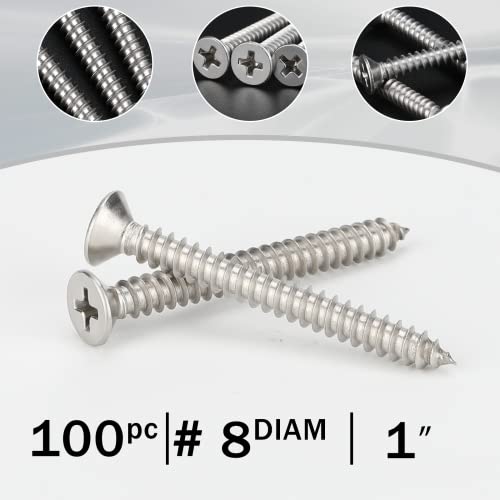 Image of 100 PCS #8X1 Stainless Steel Phillips Flat Head Wood Screws,Stainless Steel 18-8 A2(304) Screw,Home Screw Kit by QISHENG