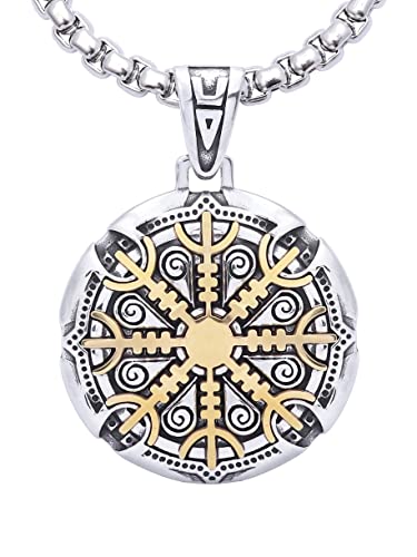 HAQUIL Viking Helm of Awe Necklace - Stainless Steel, Aegishjalmr Medallion Pendant - Box Chain
