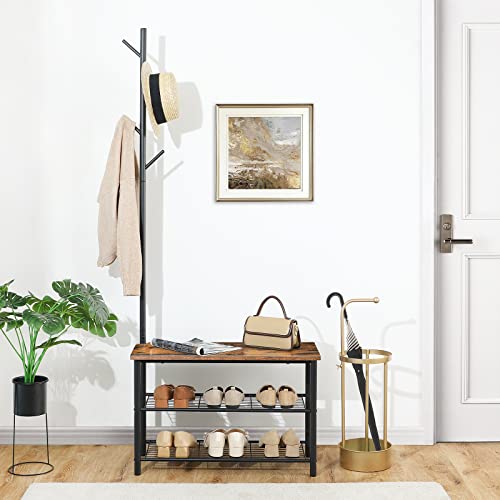 Hoobro Shoe Bench, 28.3" Entryway Storage Bench With Coat Rack, 3-Tier Shoe Rack With Metal Mesh Shelves, Mudroom Bench, 4 In 1 Rustic Bench For Hallway, Foyer, Doorway, Bedroom Bf12Hx01 #TOP1