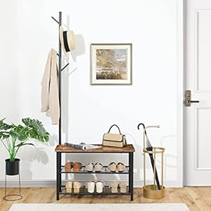 HOOBRO Coat Rack Shoe Bench 3 Tier Shoe Rack Industrial Shoe Organizer Storage Bench Entry Bench with Mesh Shelves for Entryway Living Room Hallway Easy Assembly Rustic Brown BF12HX01