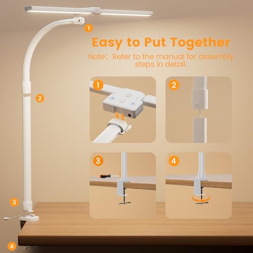 Image of LED Desk Lamp - Bright Dimmable Computer Lamp, 24W Bendable Desk Light for Monitor Screen, Eye-Caring Tall Desktop Light for Task Home Office Work, White, Dual Head