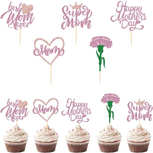 COYUN 12 peças Happy Mother's Day Cupcake Toppers Glitter, Mamãe Love Heart Best Mom Cupcake Picks para mulheres, aniversário, Dia da Mãe, temática, festa, decoração de bolos (rosa)