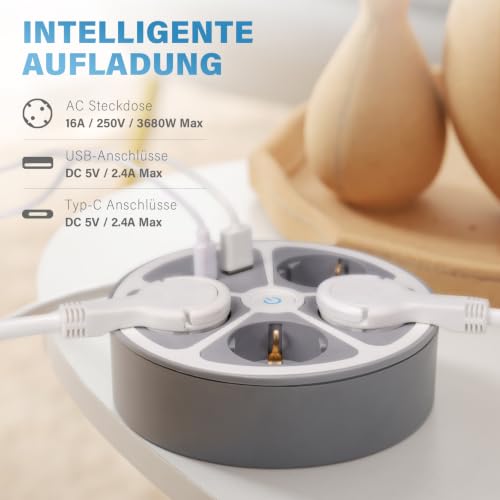 realmade Steckdosenleiste mit 1 USB und 1 Type C, 4 Fach Mehrfachsteckdose mit Schalter Mehrfachstecker Steckerleiste Überspannungsschutz… – Ansicht 6