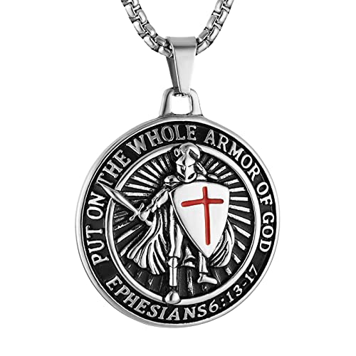 HZMAN Knights Templar Put On The Whole Armor of God Ephesians 6:13-17 Red Cross Design Stainless Steel Necklace for Men
