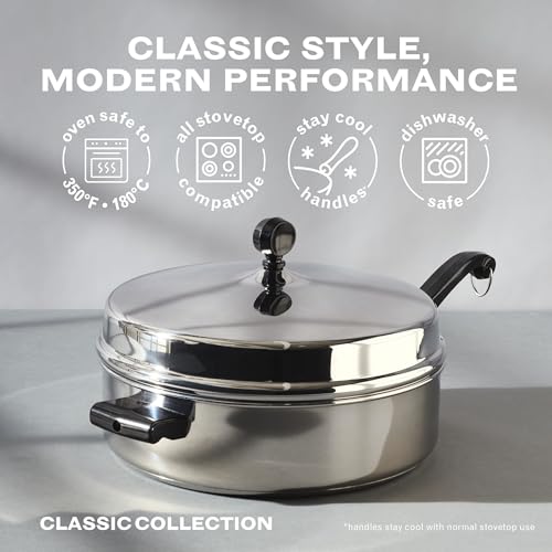 Image of Farberware Classic Series Anniversary Edition Stainless Steel Saute Pan and Lid with Helper Handle, Induction Suitable, 6 Quart Jumbo Cooker, Metal Utensil Safe - Stainless Steel
