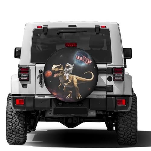 Image of Delerain Astronaut Dinosuar American Flag Spare Tire Cover for RV Trailer SUV Truck and Many Vehicle, Wheel Covers Sun Protector Waterproof (15 Inch for Diameter 27 inch-29 inch)