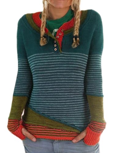 Women's Vintage Striped Color Block Button Knit Sweater Lightweight Casual Cute Long Sleeve Henley Pullover Top