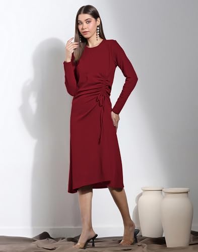 Image of Selvia Women's Black Ribbed Lycra Ruched Side Long Sleeve Dress
