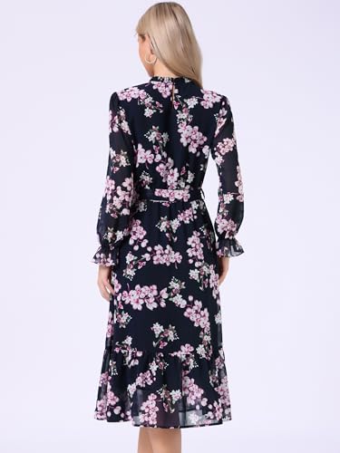 Image of Allegra K Fall Casual Floral Dress for Women 2025 Long Sleeve Crew Neck Chiffon Midi Tea Party Ruffle Dresses