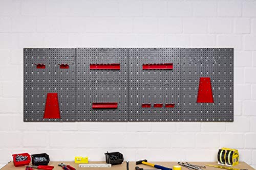 Große Werkzeug Lochwand bestehend aus 4 Lochblechen á 58 x 40 cm und Hakensortiment 22 Teile. Aus Metall in Hammerschlag-Grau und Rot. Gesamtmaß: 160 x 58 x 1 cm