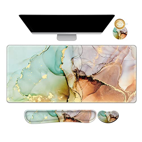Image of ArtSo Large Gaming Mouse Pad, Keyboard Wrist Rest Pad & Wrist Support Mousepad Set, Stitched Edge, Extended, Non-Slip Base, Memory Foam Desk Mat for Office, Home, Abstract Art Marble