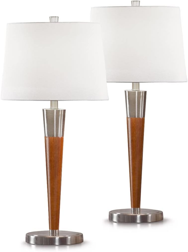 HOMEGLAM Manhattan 2 Pcs Set 30" H Wood Table Lamp, Modern Table Lamp - Brushed Nickel