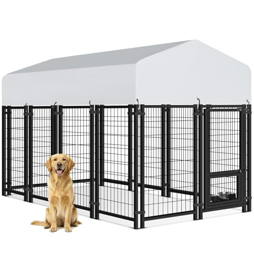 Oranland 7.8x4x5FT Dog Kennel Outdoor for Medium/Small Dogs, Welded Wire Outside Dog Pen, Anti-Rust Dog Run with Secure Lock/UV-Resistant Waterproof Roof/Swivel Stainless Steel Feeding Bowls