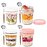 Paquete de 4 recipientes de avena nocturna con tapas y cucharas, tarros de vidrio de 16 onzas para avena durante la noche, a prueba de fugas, contenedor de avena para cereales, frutas, verduras, leche