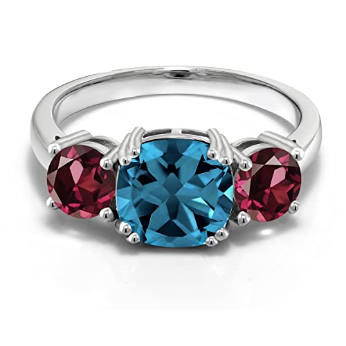 Gem Stone King 3.94 Cttw London Blue Topaz and Red Rhodolite Garnet 3 Stone Engagement Ring For Women | 925 Sterling Silver | Gemstone November Birthstone | Cushion 8MM | Available in Size 5,6,7,8,93