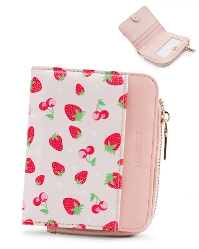 Image of Small Bifold Wallets Woman RFID Mini Wallet for Women Slim Card Holder with Zipper Coin Pocket & 2 ID Windows(Pink-Strawberry)