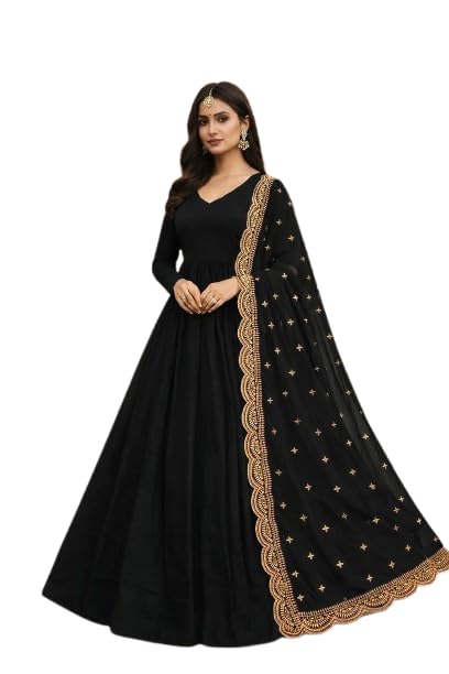 Women's Dhanvi Black Heavy Fox Georgette Anarkali Gown with Embroidered Dupatta | Party Wedding Festive Ethnic Dress Set-image-47
