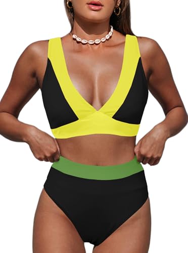 Image of Hilinker Women's Leopard Bikini Swimsuits V Neck High Waisted 2 Piece Bathing Suits