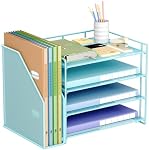 Organisateur de papier de bureau avec détenteur de fichier, 4 Tier Desk Tidy Organisateur avec 1 Entreposage de bacs à papier pour les magazines, la maison, l'école, les fournitures de bureau - bleu