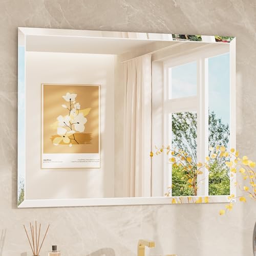 Image of TETOTE 40 inch x 30 inch Bathroom Vanity Mirror Beveled Frameless Rectangle Tempered Wall Mirror for Vanity, Bathroom, Horizontal /Vertical