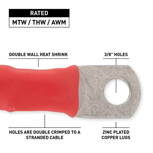 Exell Battery 2/0 Interconnecting Copper Cable, 6-Inch Length With 3/8-Inch Lugs, Red #TOP3