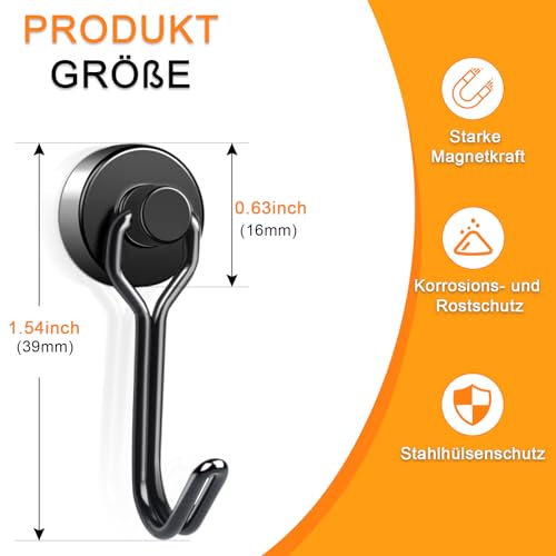 Magnethaken Extra Stark, 6Stück 16mm Neodym Magnet Hacken hält 10kg, Drehbar Magnetischer Haken rostfrei Metallhaken für Küche kühlschränke Schließfächer, Schwarz Neodym Magnete Haken Magnetisch