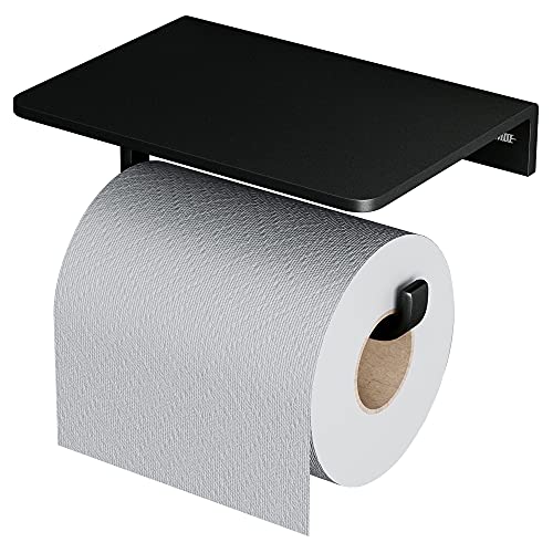 EMODDE Toilettenpapierhalter mit Ablage,Rollenhalter mit Wandmontage,Wandhalterung,Aluminium gebürstet Schwarz Cover