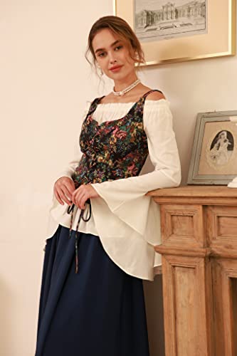 Womens Off Shoulder Renaissance Peasant Blouse Ruffle Smocked Boho Tops Shirts L Ivory #TOP2