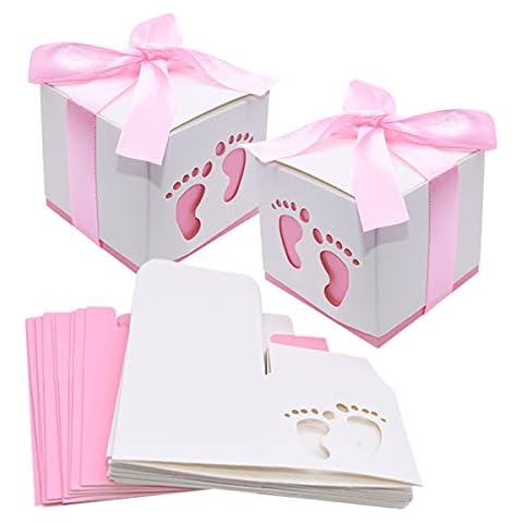 HADEEONG 50pcs Baby Shower Party Favor Boxes, Footprint Design Candy Treat Gift Boxes for Kids Birthday Baby Shower Guests Wedding Party Supplies with Ribbon,Pink Cover