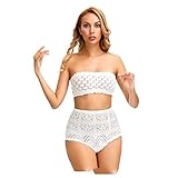 Handgehäkelter Badeanzug Frauen - Frauen Einfarbige Sexy Bikinis Gestrickte Häkel-Badeanzug, Sommer Böhmische Röhre Top Bikini Set, Strick Zwei Stücke Hohe Taille Dreieck Strand Badeanzug, Weiß, S