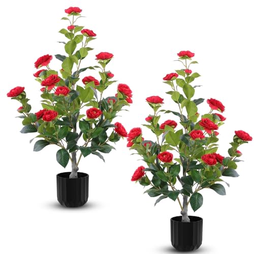 Hananona 2 Pcs Artificial Camellia Trees Faux Camellia Plant in Pot with Flowers Indoor Plants for Spring Home Decor Outdoor Porch Front Door Decor (Red, M)