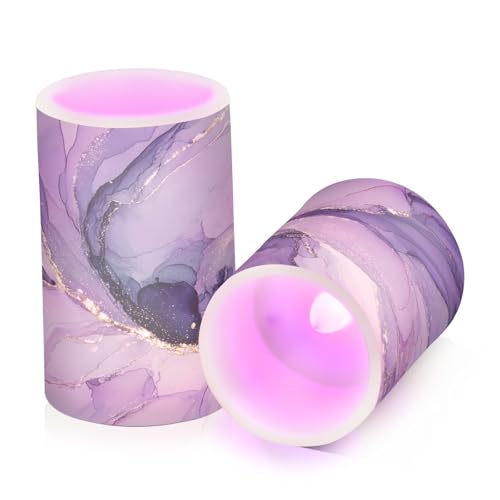 Image of Flickering Flameless Candles, Purple Marble Lavender Liquid LED Candles with Remote Timer, Set of 2 Battery Operated Candle for Valentine Wedding Birthday
