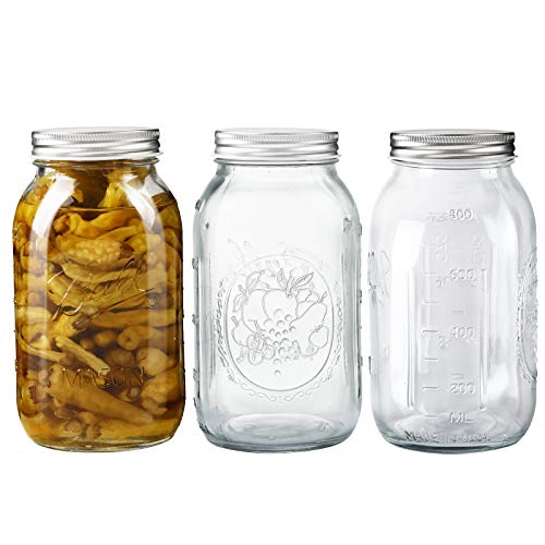 32oz Clear Glass Regular Mouth Canning Glass Jars, Pack of 3 Classic Mason Jars with Lids for Jam, Food Storage, Candied Fruit