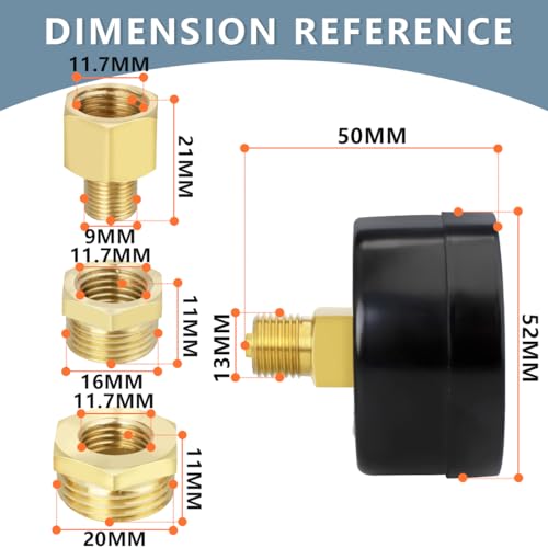 Innfeeltech 1 Stück 50mm Vakuummeter BSP 1/4„ -1~0 Bar -14~0 Psi mit 2 Stück Buchse 1/4“ bis 3/8„, 1/4“ bis 1/2„ und 1 Stück Sechskantnippel 1/4“ bis 1/8“, ein Teflonband, Axial