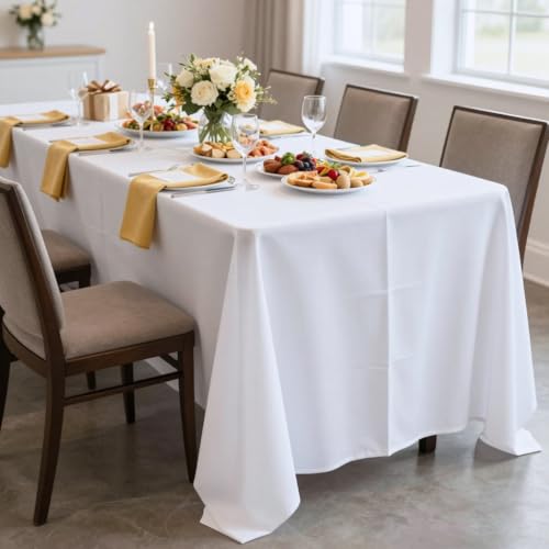 Image of sancua Rectangle Tablecloth - 90 x 156 Inch - Water Resistant Spill Proof Washable Polyester Table Cloth, Decorative Fabric Table Cover for Dining Tables, Buffet Parties and Camping, White