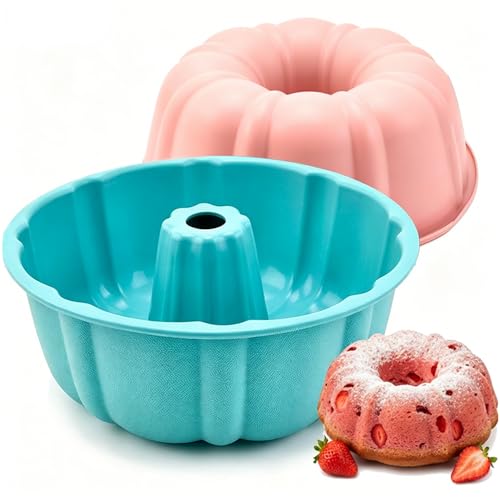 YOVLOSIN 2 Pack 10 Inch Silicone Cake Pan Nonstick Pound Cake Baking Reusable Silicone Baking Pan for Cake Brownie Bread Jello Gelatin (Blue+Pink)