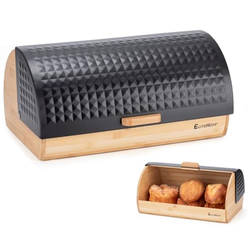 EliteHoff Panera de bambú y metal, panera de madera, caja para pan grande, caja de almacenamiento para pan aprox. 39 x 28 x 19 cm, con tapa (negro)