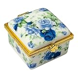 Evenchae Tiny Square Porcelain Trinket Box | Blue Floral Roses | French Style Gift Box with Velvet Bag