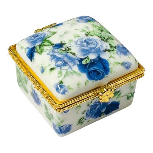 Tiny Square Porcelain Trinket Box | Blue Floral Roses |