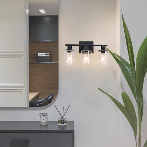 Image of Matte Black Bathroom Light Fixtures Over Mirror,3-Light Bathroom Vanity Light with Clear Glass Shade,Modern Farmhouse Wall Sconces Lighting for Mirror Kitchen Living Room Cabinet