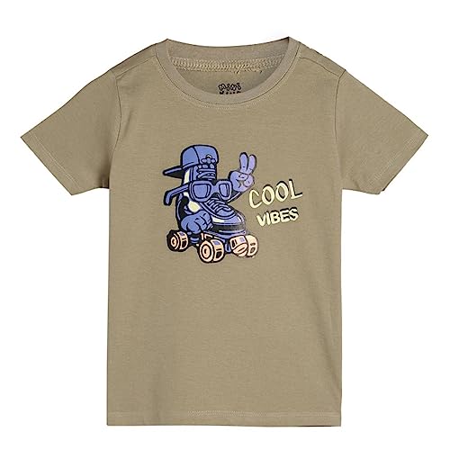 Image of miniklub Boys Round Neck Short Sleeve Knitted Cotton T-Shirt (Beige Color)