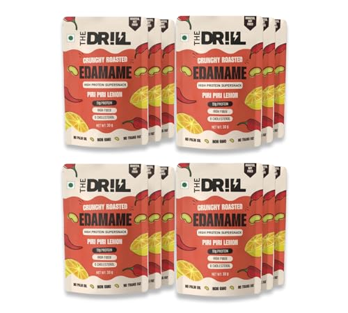 Image of The Drill Crunchy Roasted Edamame Beans - Piri Piri Lemon Flavour | 132g Protein |Pack of 12 (30g Each) | High Protein Healthy Snack | 100% Veg | Gluten Free | No Added Sugar | Non-GMO | Rich in Fiber