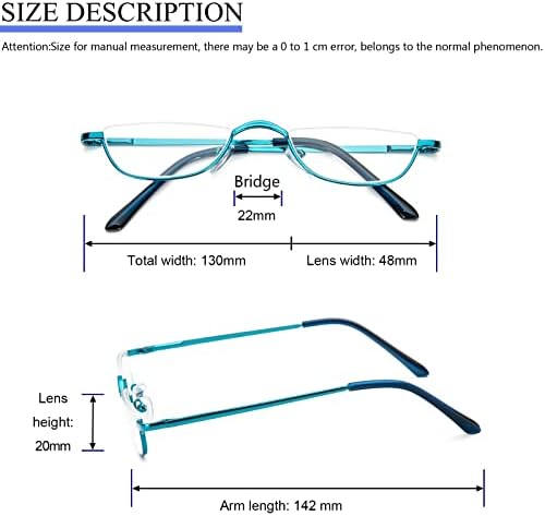 Half Reading Glasses 2 Pairs Half Rim Metal Frame Glasses Spring Hinge Readers for Men and Women, Black+Blue 2.50 - 3