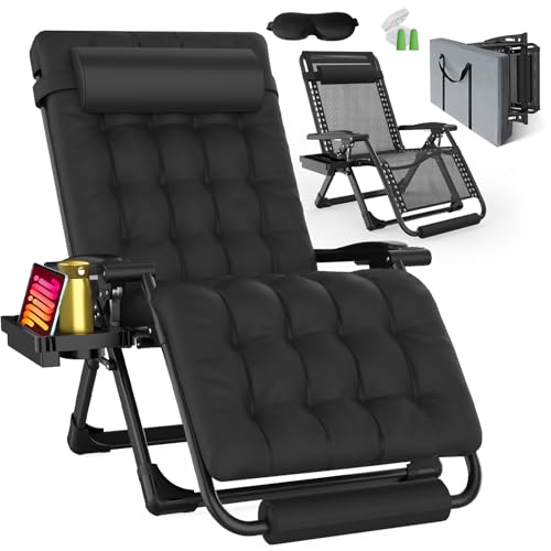 Oversized Zero Gravity Chair with Cushion XXL, 33In Padded Lounge Chair, Recliner Camping Chair W/Full-Alu Alloy Lock, Cushion, Storage Bag, Footrest, Cup Holder, Folding Chair Support 500lbs, Black