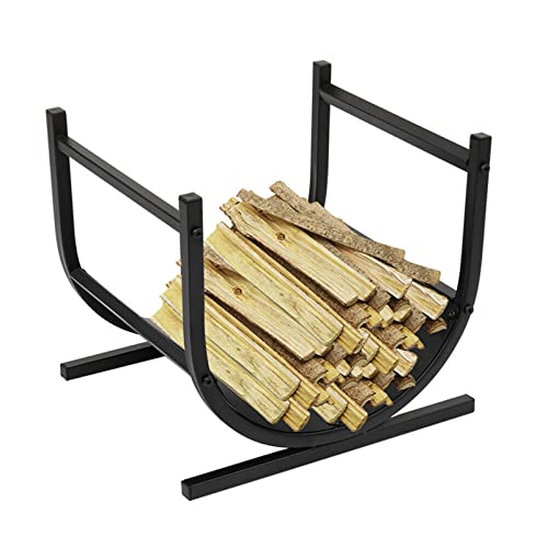 Estante de metal para leña de 40 cm para interiores y exteriores, soporte resistente para leña con diseño arqueado, color negro, estante de almacenamiento de leña resistente